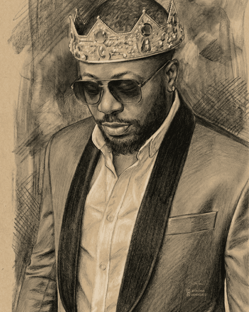 Celebrity-style charcoal portrait artwork with realistic face detail