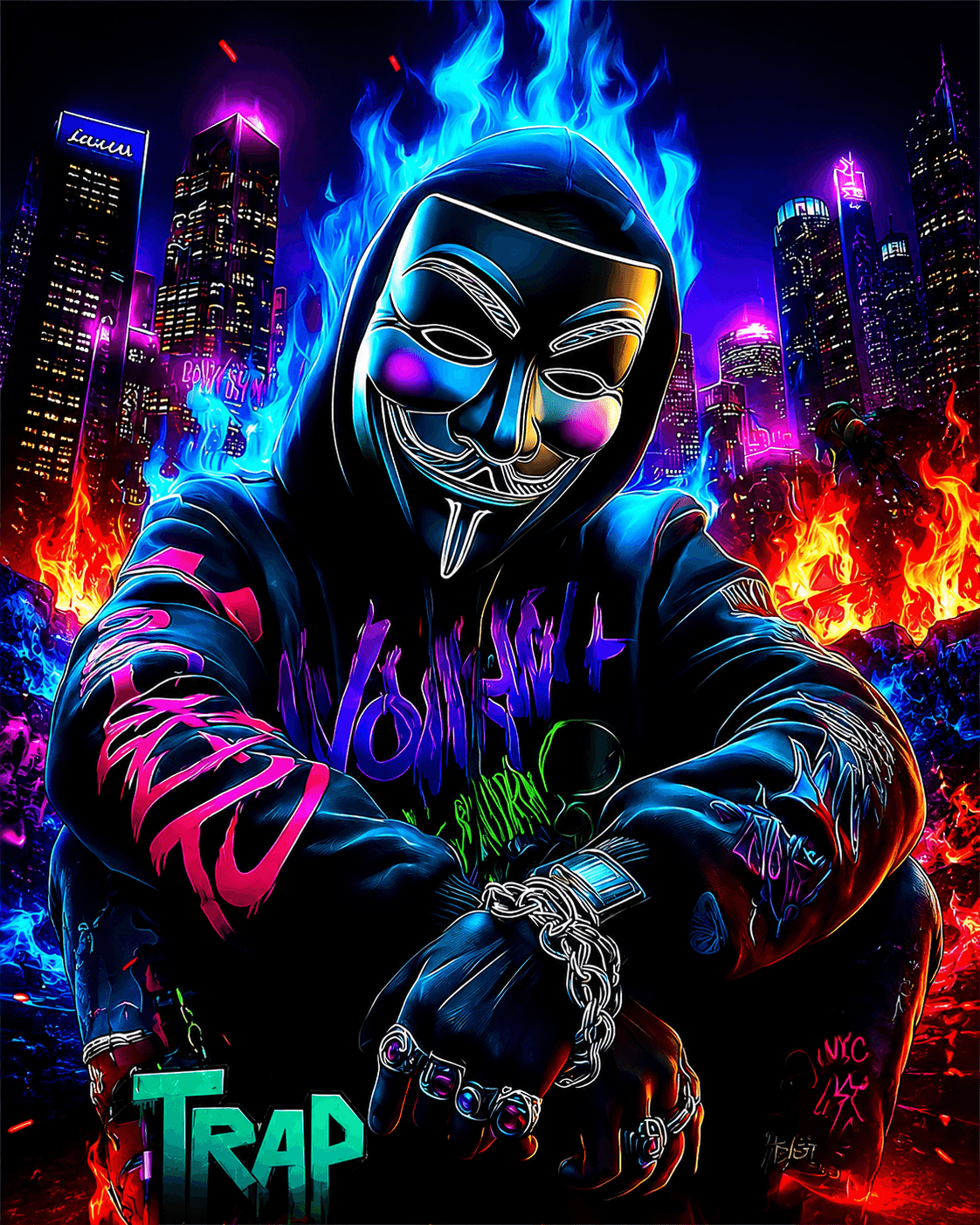 Bold urban pop portrait artwork with warm neon color
