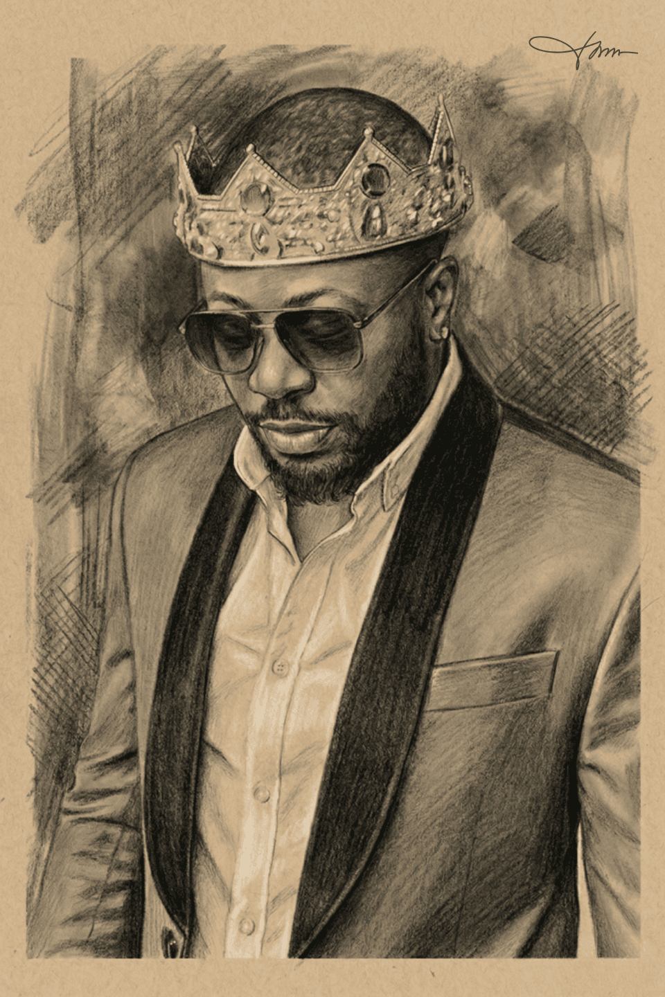 Regal digital charcoal portrait of a man wearing a crown, ready to print